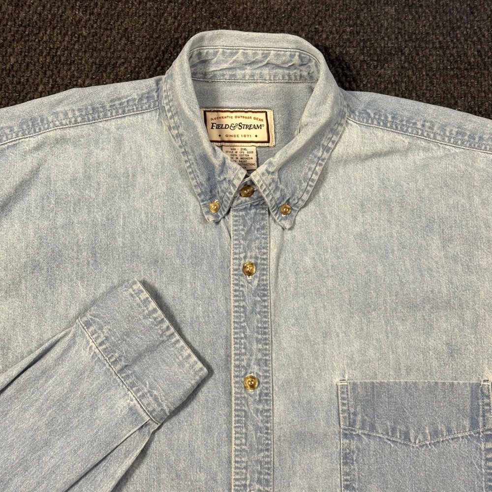 Field & Stream Denim Shirt Mens 2XL Blue Light Wash Long Sleeve Button Down